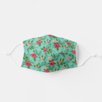 Cute Pink Tropical Summer Flower On Turquoise Blue Cloth Face Mask