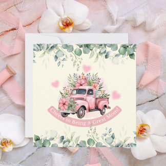 Cute Pink Truck of Flowers Mothers Day Custom Flat Holiday Card