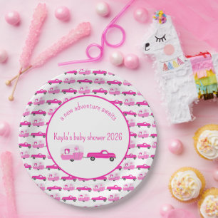 Cute Pink Truck & Trailer RV Adventure Baby Shower Paper Plates