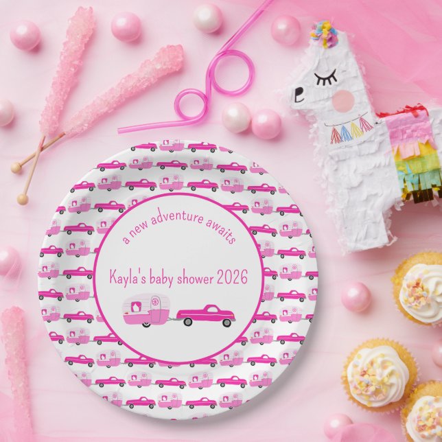 Cute Pink Truck & Trailer RV Adventure Baby Shower Paper Plates (Party)