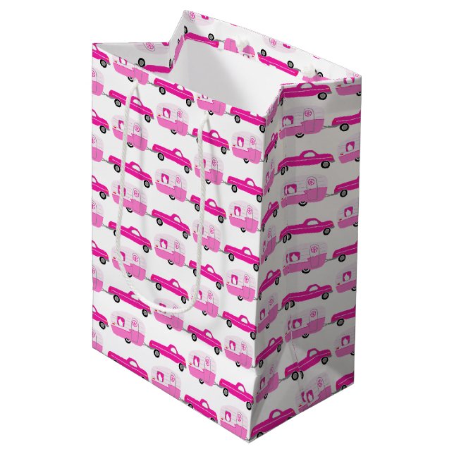 Cute Pink Truck & Trailer RV Adventure  Medium Gift Bag (Front Angled)