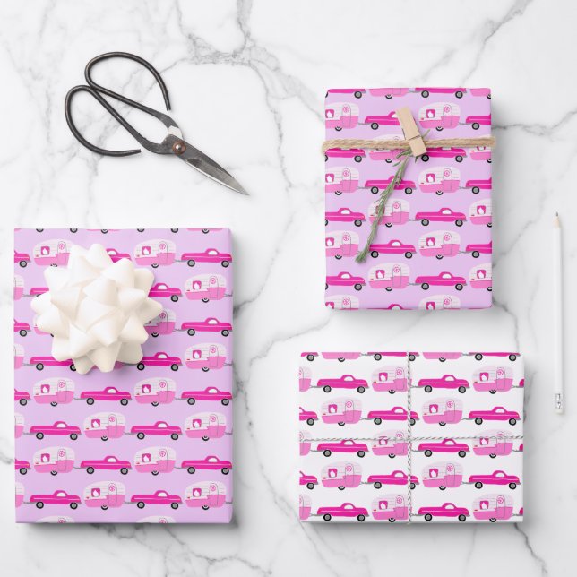 Cute Pink Truck & Trailer RV Adventure  Wrapping Paper Sheets (Front)
