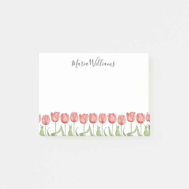 Cute Pink Tulip Garden Personalized 4x3 Post-it Notes (Front)