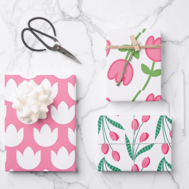 Cute Pink Tulip Wrapping Paper Sheets (Front)