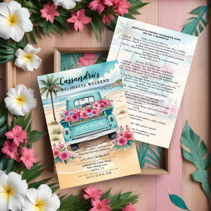 Cute Pink Turquoise Floral Van Beach Bachelorette Invitation