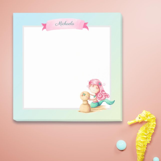 Cute Pink Turquoise Mermaid Personalized Post-it Notes (Creator Uploaded)