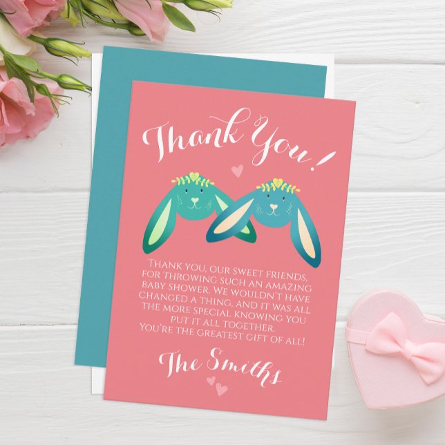 Cute Pink Turquoise Twin Bunny Baby Shower Joint  Thank You Card (Creator Uploaded)