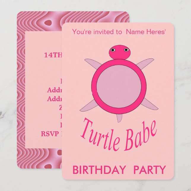 Cute Pink Turtle Babe Birthday Party Invitation (Front/Back)