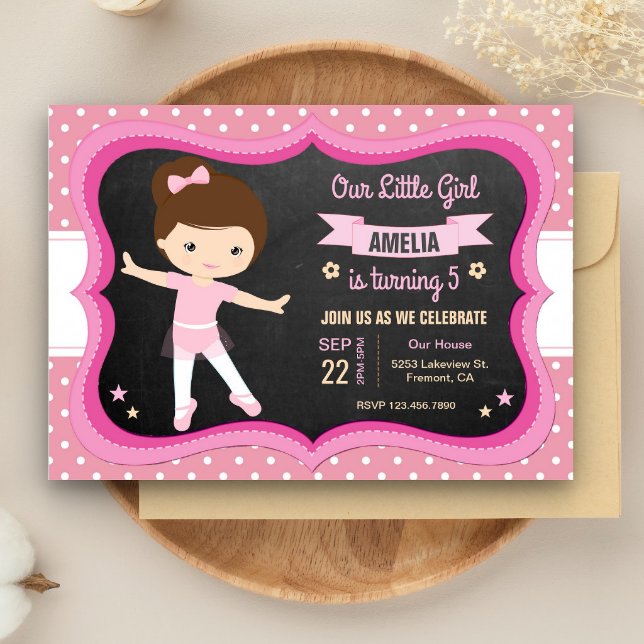 Cute Pink Tutu Ballerina Girl Birthday Party Invitation