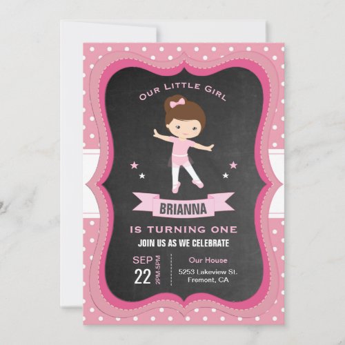 Cute Pink Tutu Girl Ballerina First Birthday Party Invitation