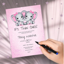 Cute, Pink Twin Baby Elephants Baby Shower 