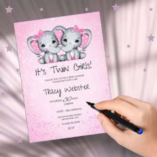 Cute, Pink Twin Baby Elephants Baby Shower  Invitation