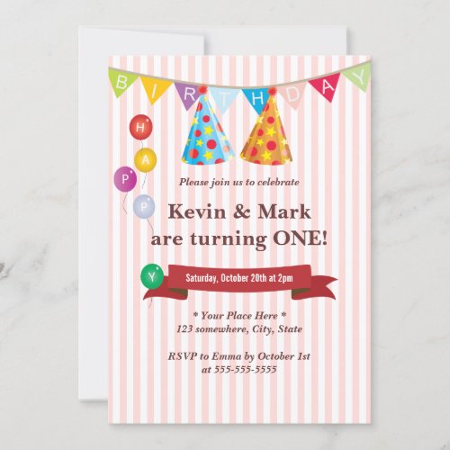 Cute Pink Twin Boys Birthday Party Invitations 5" X 7" Invitation Card