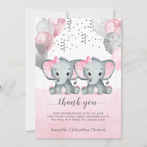 Cute Pink Twin Girl Elephant Balloons Baby Shower Thank You Card