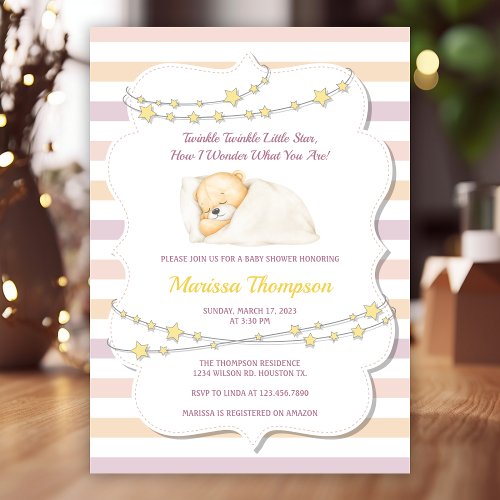Cute Pink Twinkle Little Star Baby Shower Invitation