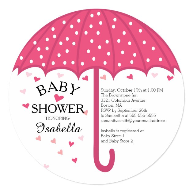 Cute Pink Umbrella Girls Baby Shower Invitation