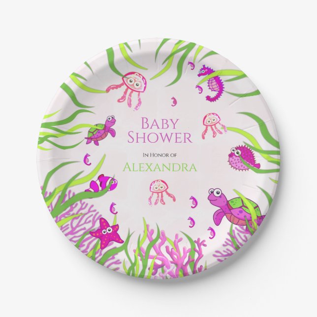 Cute Pink Under the Sea Girl Baby Shower  Paper Plates (Front)