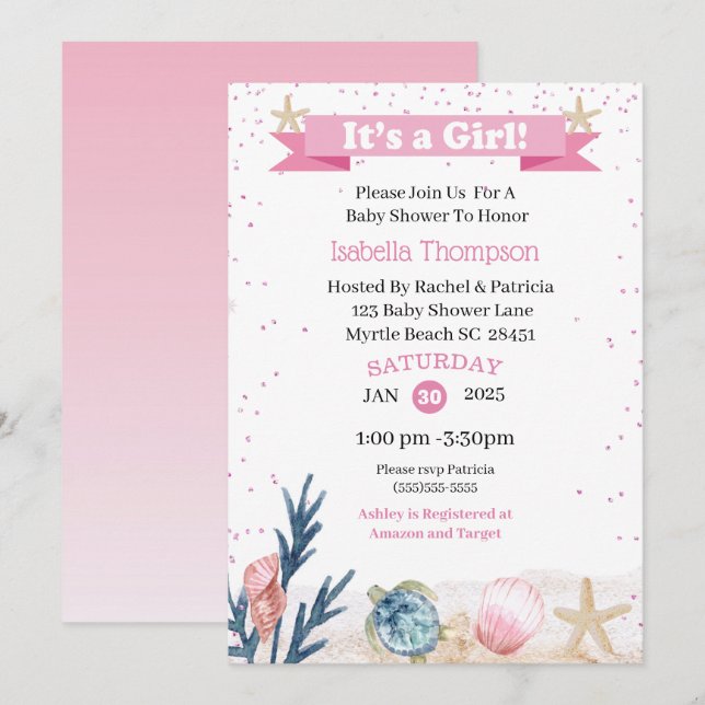 Cute Pink Under the Sea Invitation (Front/Back)