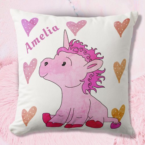 Cute Pink Unicorn and Hearts Girly Name Throw Pillow