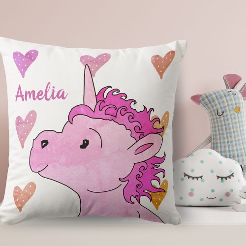 Cute Pink Unicorn and Hearts Girly Name Throw Pillow