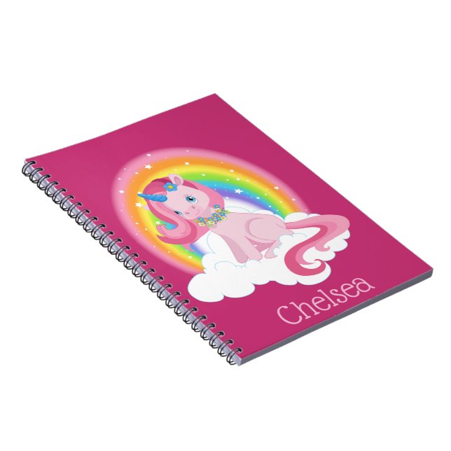Cute Pink Unicorn and Rainbow Personalized Notebook (Right Side)