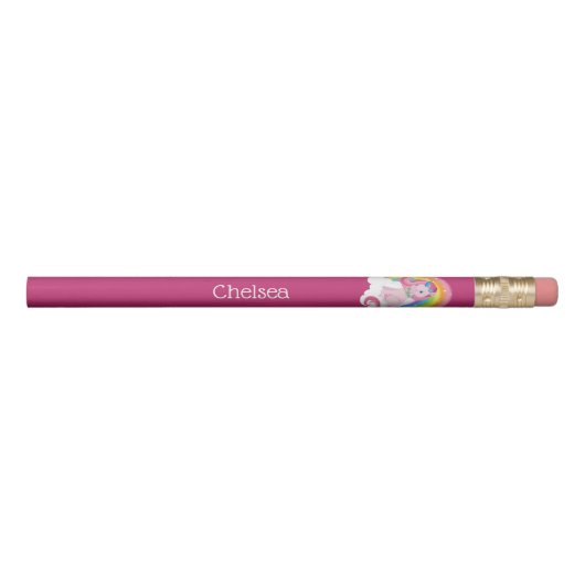 Cute Pink Unicorn and Rainbow Personalized Pencil (Front)