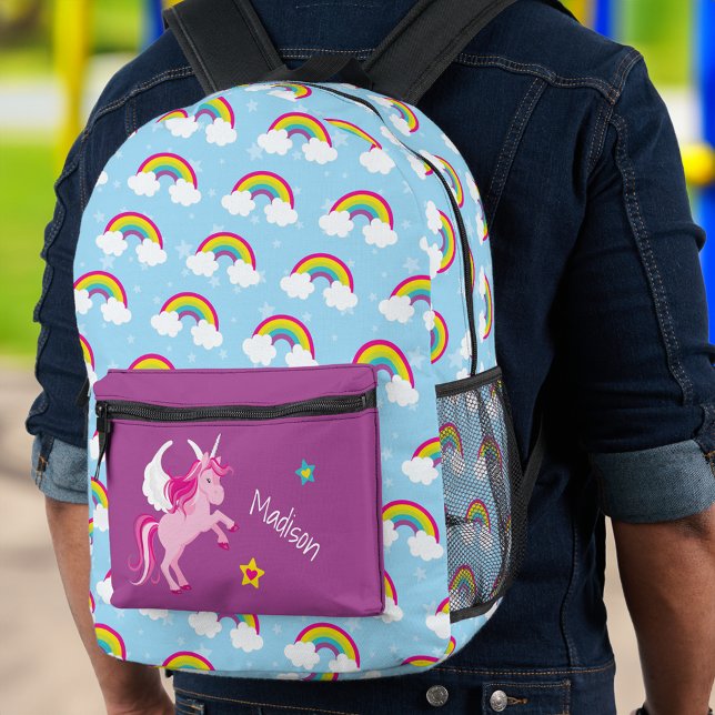 Cute Pink Unicorn and Rainbows Personalized School Printed Backpack (Creator Uploaded)