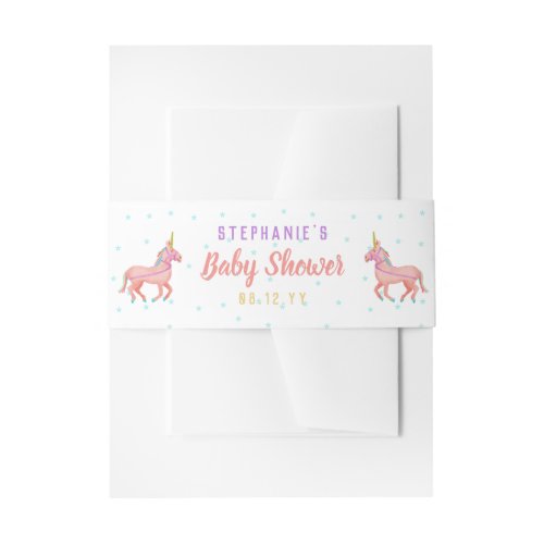 Cute Pink Unicorn and Stars Baby Shower Invitation Belly Band