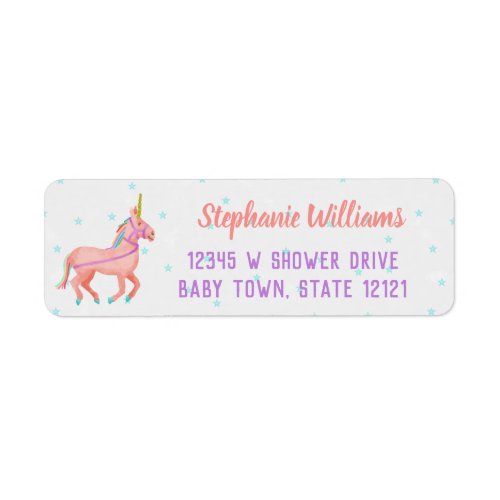 Cute Pink Unicorn and Stars Baby Shower Label
