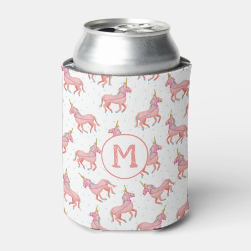 Cute Pink Unicorn and Stars Pattern  Monogrammed Can Cooler