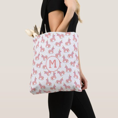 Cute Pink Unicorn and Stars Pattern  Monogrammed Tote Bag