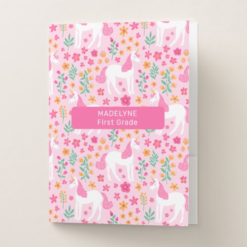 Cute Pink Unicorn Back To School Personalized Name Pocket Folder