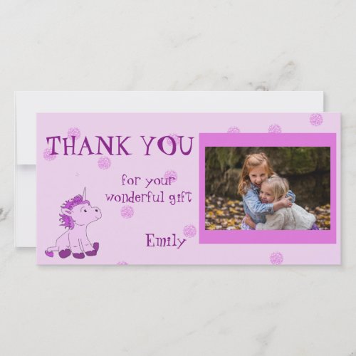 Cute Pink Unicorn Birthday Thank you Photo Card - Cute Pink Unicorn Birthday Thank you Photo Card. Cute little baby unicorn on a pink background with pink dots. Personalize with your name and photo.