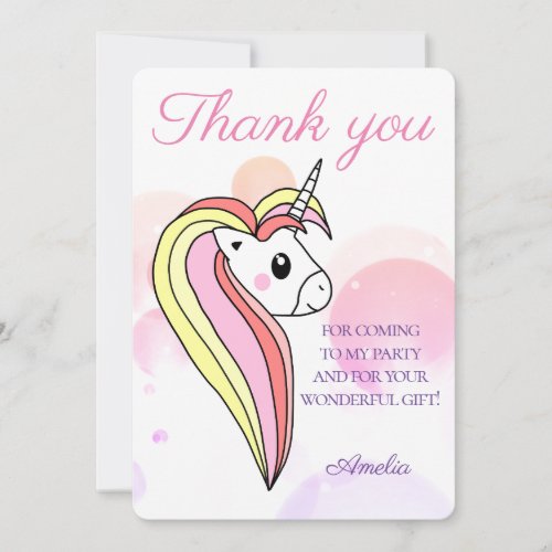 Cute Pink Unicorn Bubbles Girly Kids Birthday Thank You Card