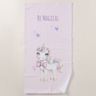 Cute Pink Unicorn Butterflies Be Magical Beach Towel