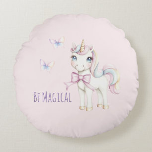 Cute Pink Unicorn Butterflies Be Magical Round Pillow