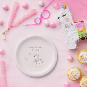 Cute Pink Unicorn Butterflies Birthday Paper Plates