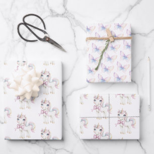 Cute Pink Unicorn Butterflies Birthday Wrapping Paper Sheets