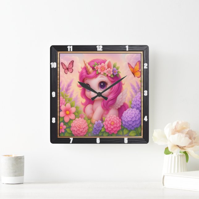 Cute Pink Unicorn Butterfly Square Wall Clock (Home)