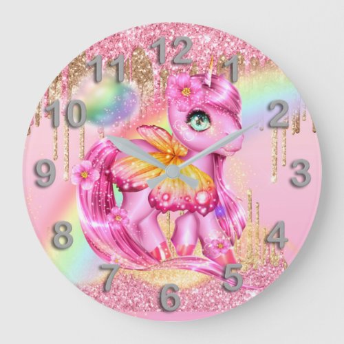 Cute pink unicorn butterfly wings rainbow glitter large clock