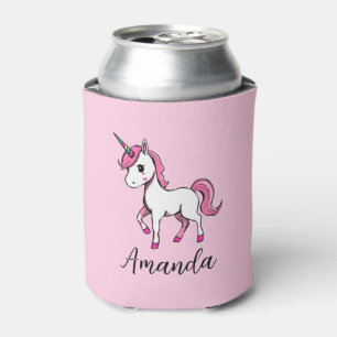 Cute Pink Unicorn Cartoon Name Can Cooler