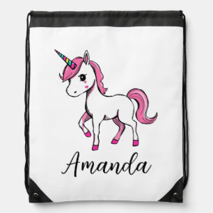 Cute Pink Unicorn Cartoon Name Drawstring Bag