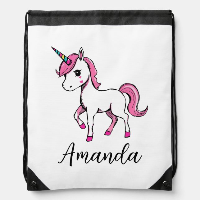Cute Pink Unicorn Cartoon Name Drawstring Bag (Front)