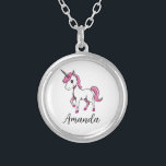 Cute Pink Unicorn Cartoon Name Silver Plated Necklace<br><div class="desc">Charming and playful design showcasing a sweet pink unicorn with delicate details. The addition of a custom name creates a magical,  personalized touch,  perfect for adding a bit of sparkle and joy.</div>