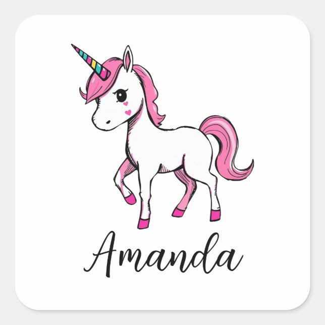 Cute Pink Unicorn Cartoon Name Square Sticker (Front)