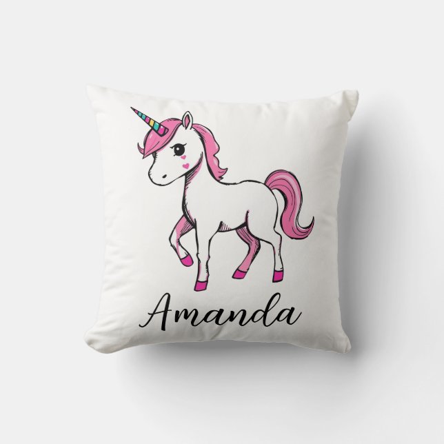 Cute Pink Unicorn Cartoon Name Throw Pillow (Front)