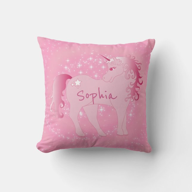 Cute Pink Unicorn Custom Name Girly Bedroom Throw Pillow (Front)
