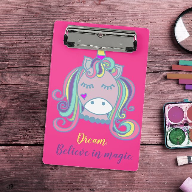 Cute Pink Unicorn Dream Believe In Magic Quote Mini Clipboard (Creator Uploaded)