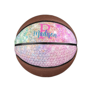 Cute Pink unicorn faux glitter monogram Mini Basketball