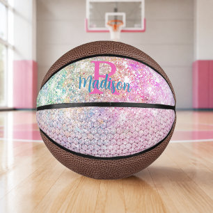 Cute Pink unicorn faux glitter monogram Mini Basketball
